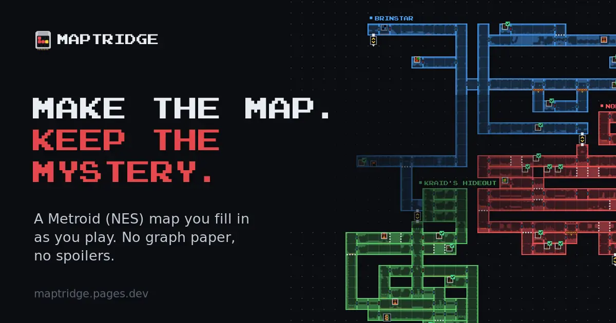 Maptridge: a Metroid (NES) map coloured by area, filled in room by room