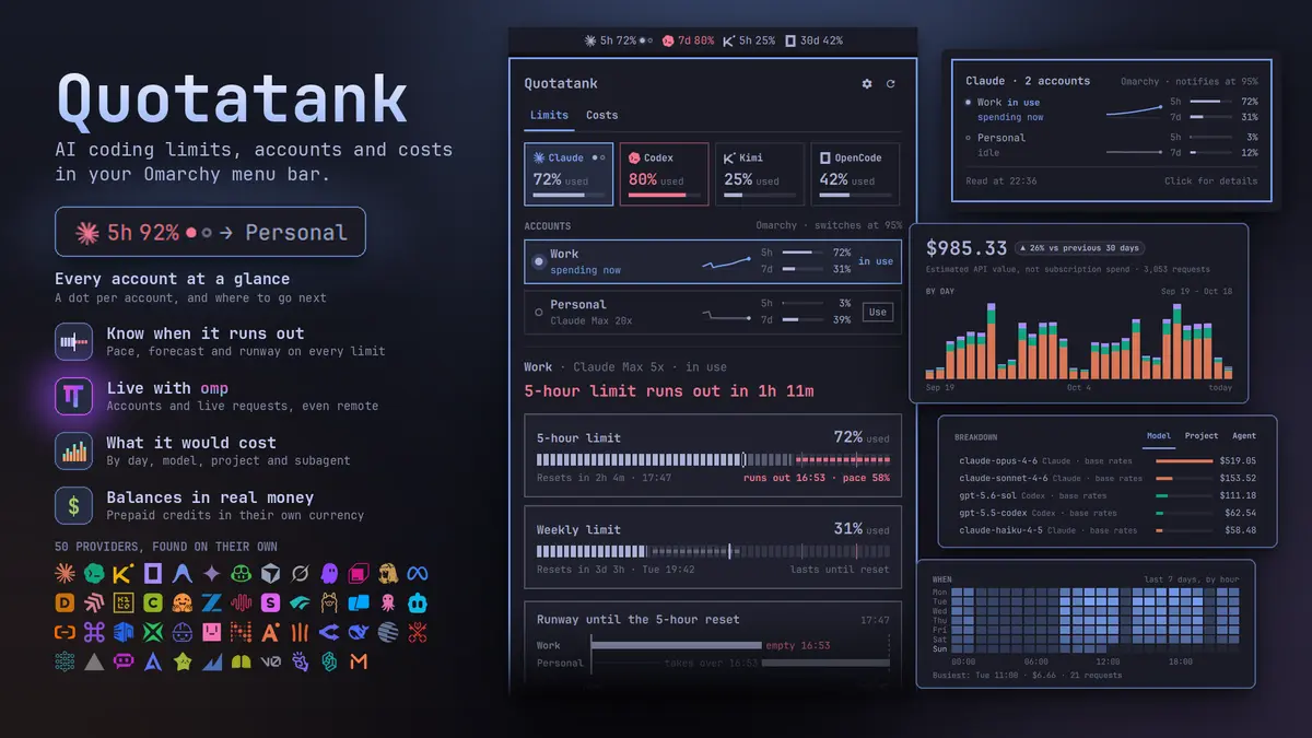 Quotatank: AI coding limits, accounts and costs in the Omarchy menu bar