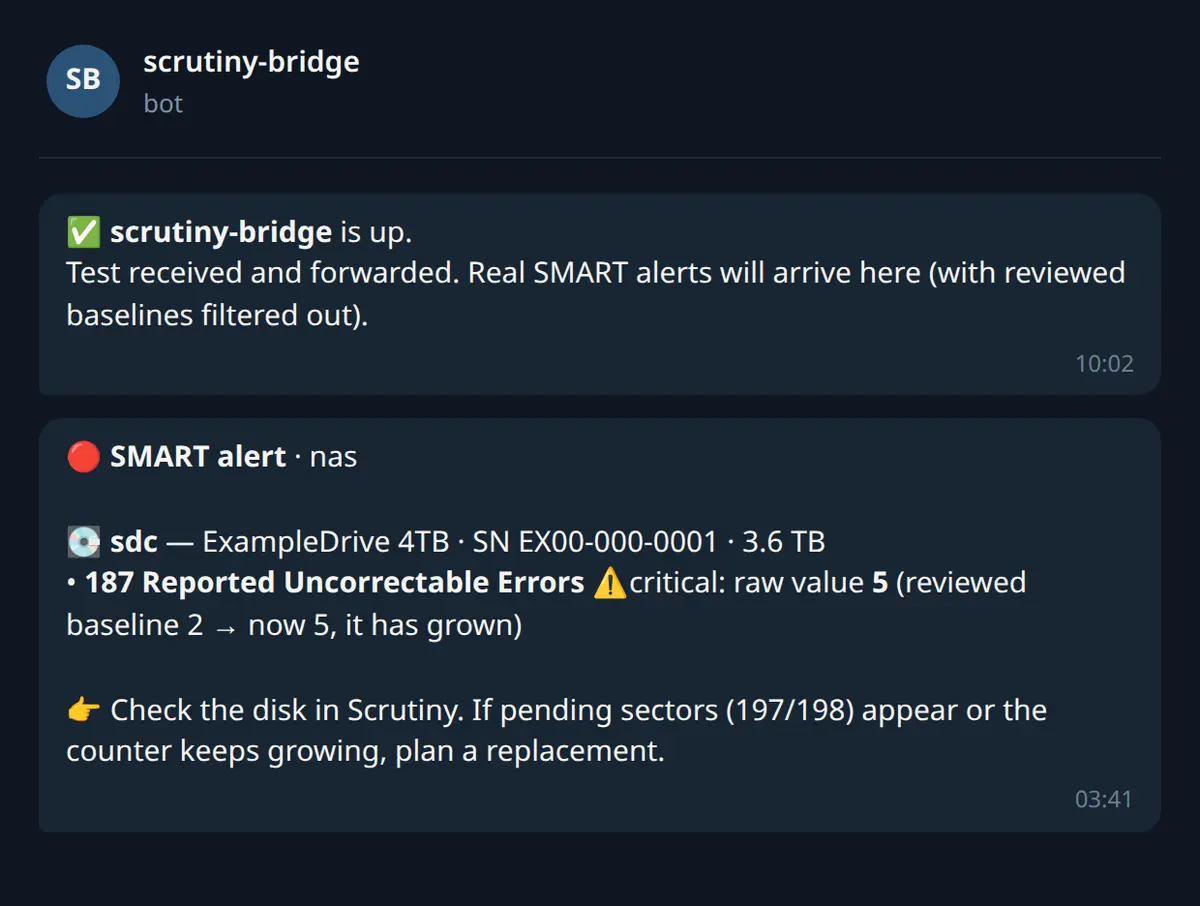 A scrutiny-bridge alert in Telegram: disk sdc's reviewed baseline on attribute 187 grew from 2 to 5