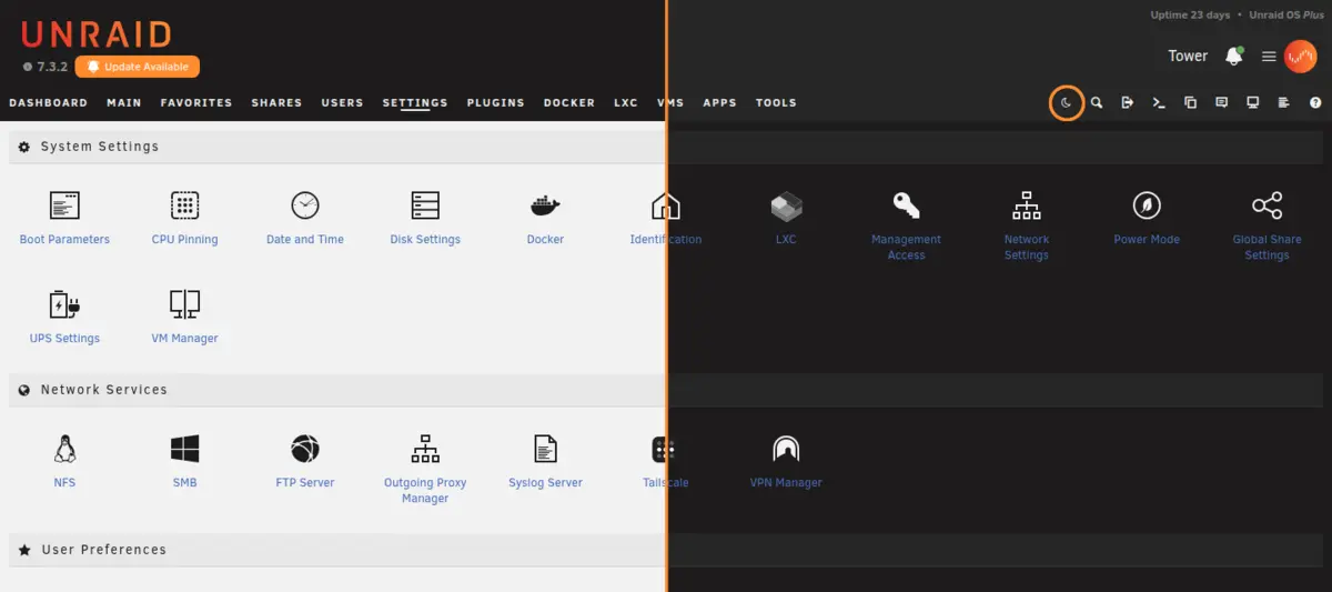 An Unraid page split down the middle, light theme on the left and dark on the right
